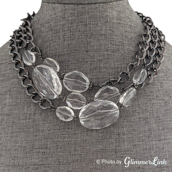 Triple Strand Chunky Acrylic Faceted Beads Black Tone Curb Chain Toggle Necklace - Picture 1 of 10